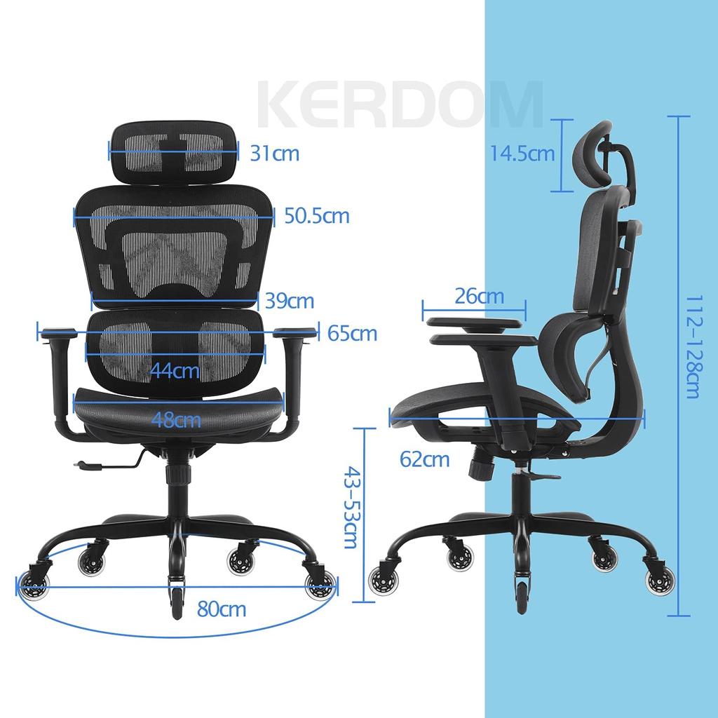 KERDOM Work Full Mesh Office Reclining Ergonomic Desk 3D Movable 360 Degree Black Chair, Chair, Chair, Chair, Chair, Chair, Telework, Armrest,