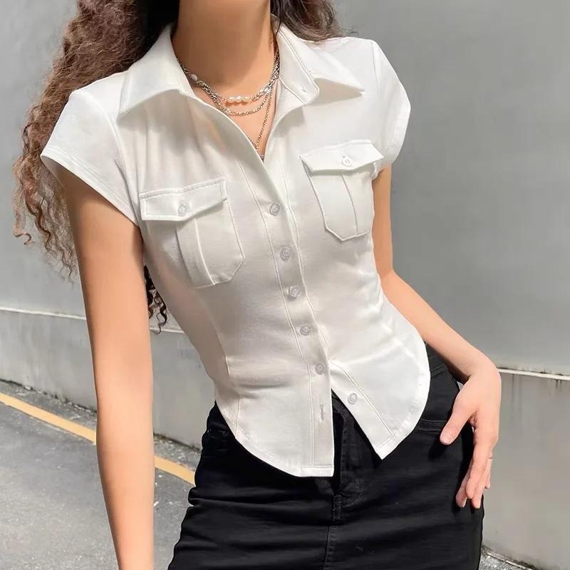 Double Pocket POLO Collar Short Sleeved Women'S New Curved Hem Irregular Top Single Breasted T-Shirt