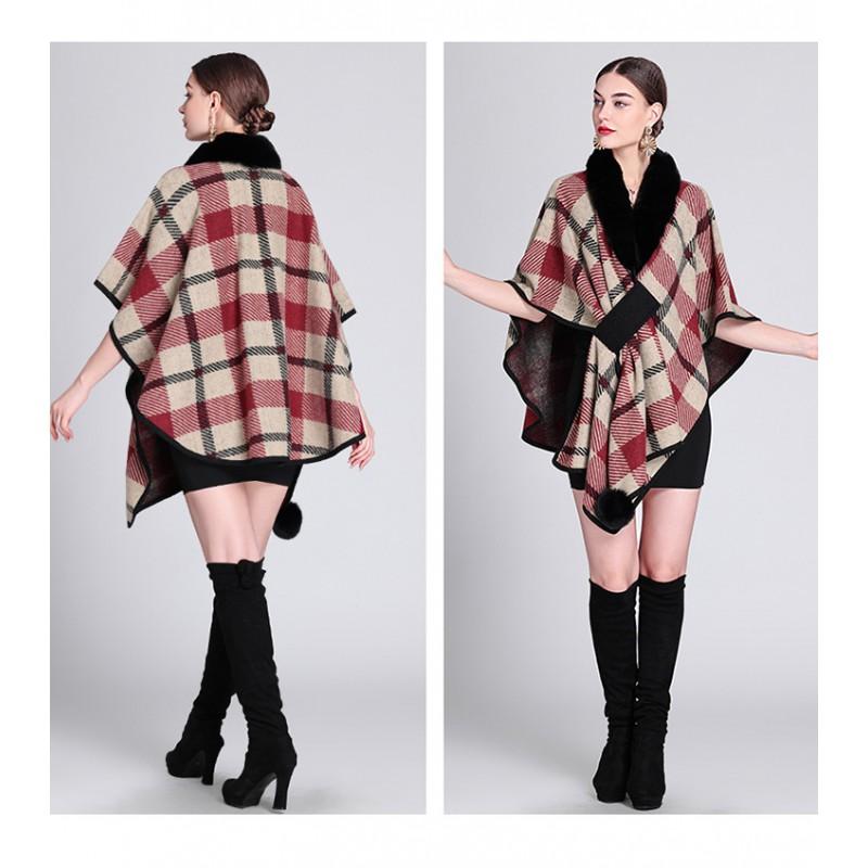 920 Womens Faux Rabbit Fur Collar Knit Cape Cardigan Loose Fit Plaid Winter Coat