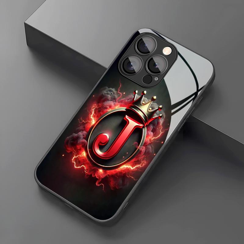 

Закаленное стекло для телефона с узором Корона Пламя Буква J для iPhone 17 16 15 14 13 12 11 Pro/Max/Plus, Ударопрочная задняя крышка For iPhone 11PROMAX