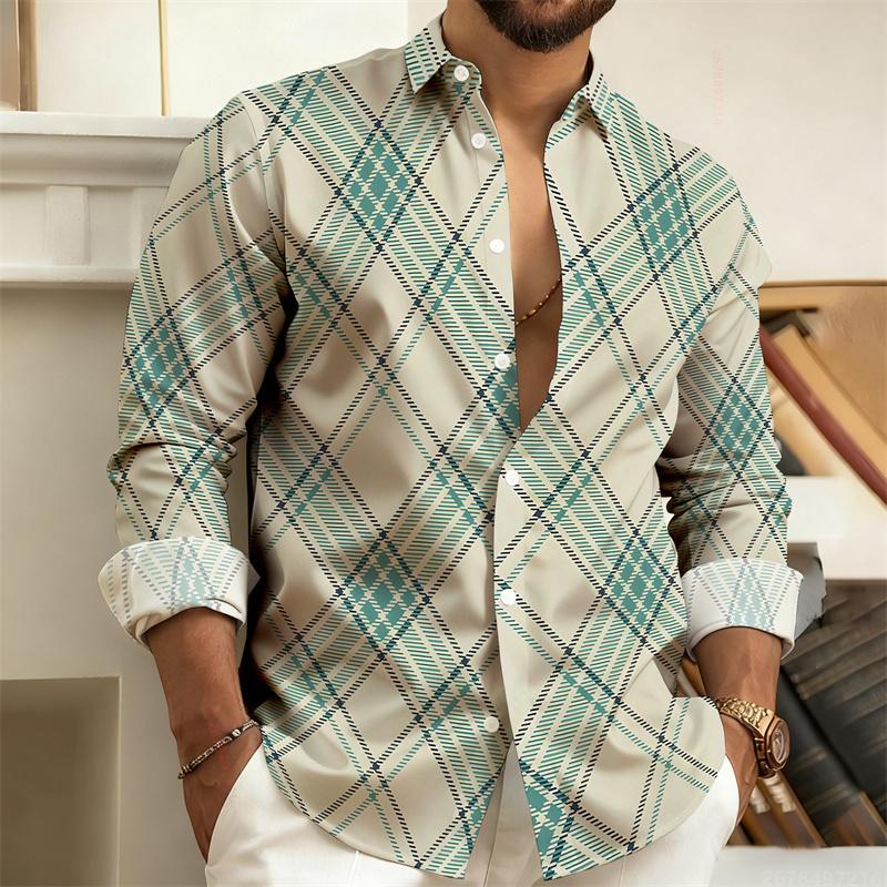 New Men's Shirt with Color Blocking Geometric Stripes, Long-Sleeved, Casual, Outdoor, Street Style, Fashionable Top