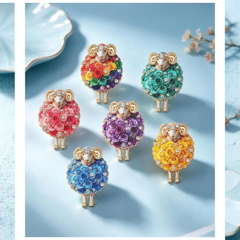 Cute Sheep Rhinestone Inlaid Brooch Colorful Rose Decoration Anti-fade Alloy Brooch for Women Party Prom Outfit Accessories