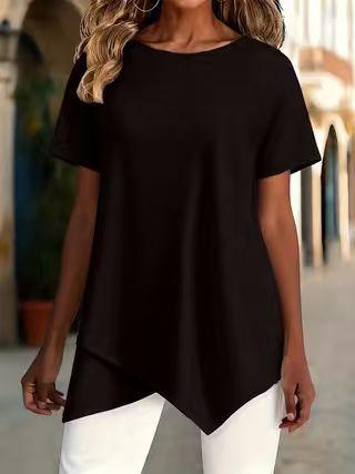 women's Solid Color Short Sleeve Irregular Hem Round Neck Loose Fit Casual Tunic Top Blouse