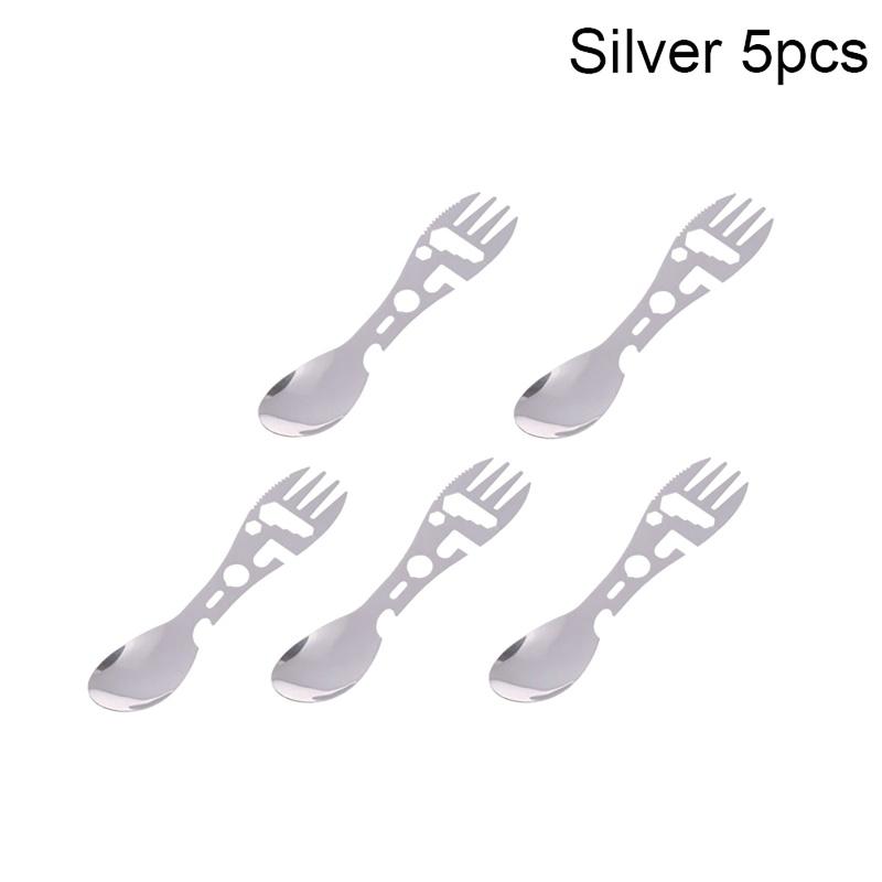 

1/5 шт. Набор походной посуды 10 в 1 из нержавеющей стали для путешествий, пеших походов, столовые приборы, вилка, ложка, открывалка, снаряжение для выживания на открытом воздухе, посуда 5Pcs серебряный