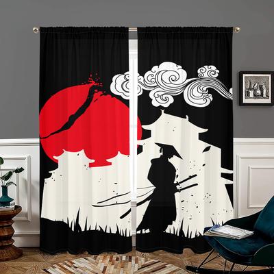 2 Pieces, Japanese Samurai Red Sun Curtains - Semi Blackout - Suitable for Living Room, Bedroom, Kitchen, Home Decoration
