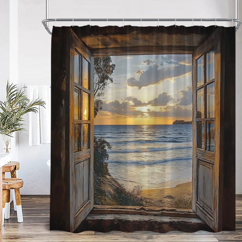 Dusk Ocean View Shower Curtains Brown Window Wooden Door Beach Sea Waves Scenery Fabric Home Bathroom Curtain Decor With Hooks