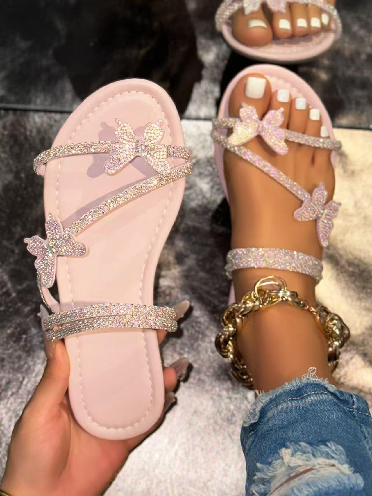 

Cool slippers women s outer wear 2025 new summer butterfly rhinestone belt beach shoes versatile one-pedal flat sandals 43 розовый