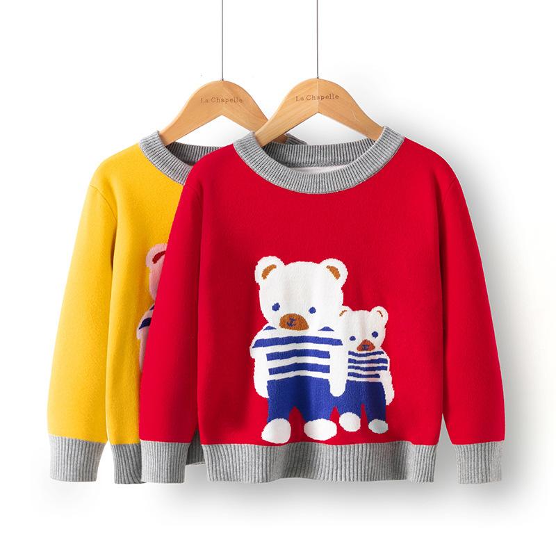 Children's New Autumn/Winter Double-Layer Knitwear Boys' and Girls' Warm Knitted Sweaters Pullover Cartoon-Printed Sweaters Base Layer Sweaters
