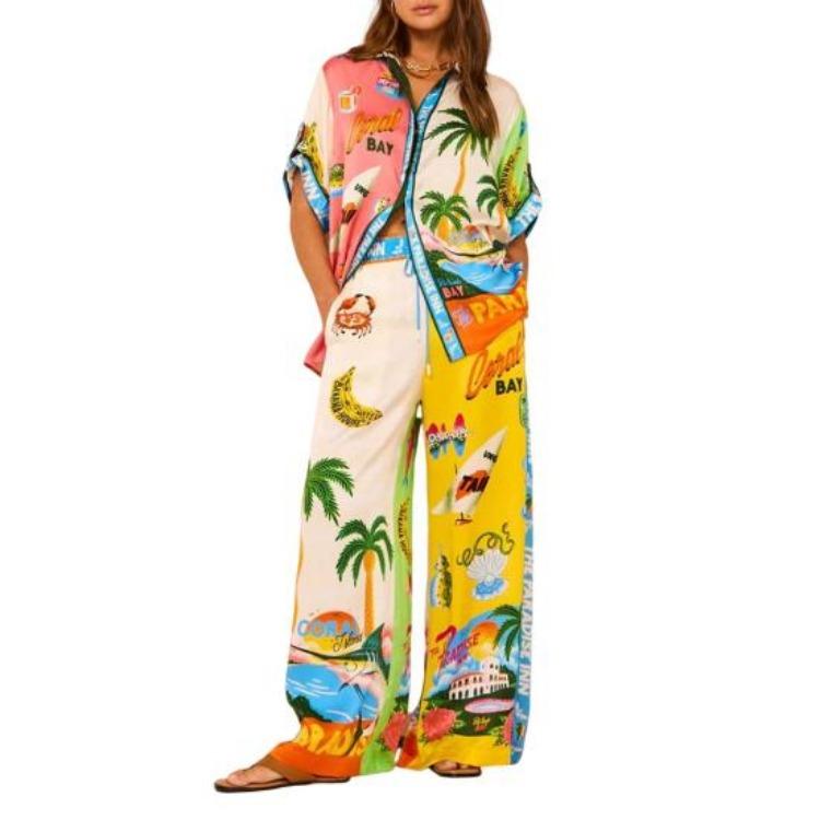 Hawaii Vacation Set Women Short Sleeve Lapel Top Colorful Print Shirt Pants Outfit 2 Pcs