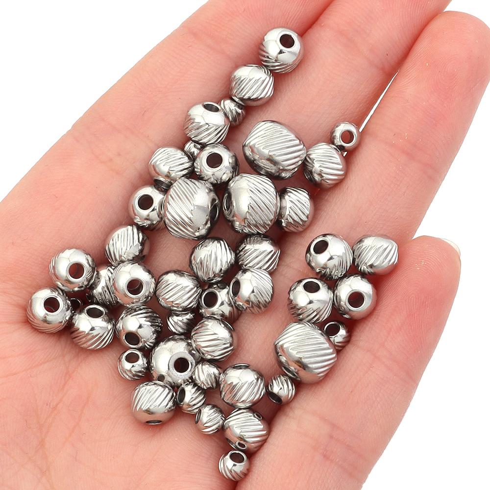 40pcs/lot 4 6 8mm Stainless Steel Beads Streaks Shape Spacers Loose Round Beads For DIY Jewelry Making Accessories Findings