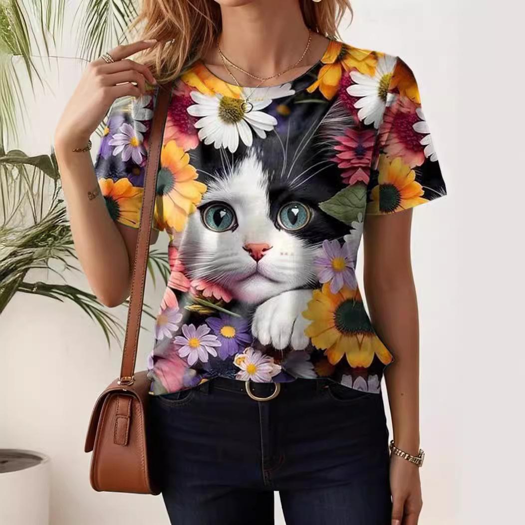 

Летний топ с круглым вырезом и 3D-принтом в виде кота и цветов, модные повседневные женские футболки с короткими рукавами XS