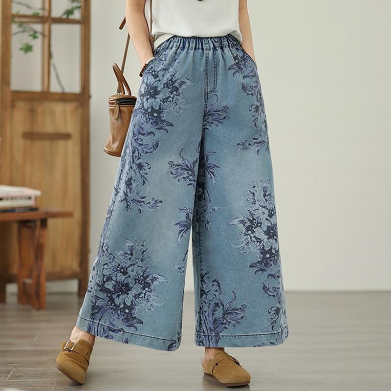 Plus Size Thin Vintage Floral High Waist Casual Loose Women Summer Jeans Denim Wide Leg Pants