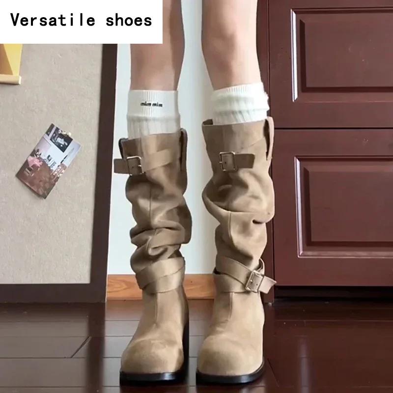 Platform Thick Heel Women Slip On Western Cowboy Boots Fashion Folded Pile Long Booties Female Shoes Autumn Winter