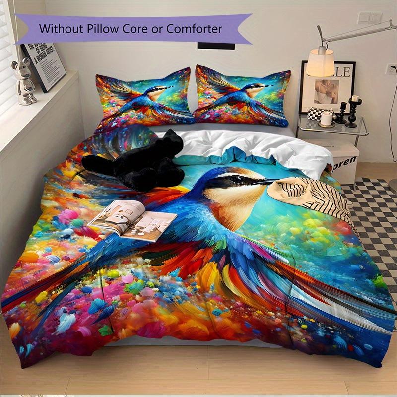 3pcs Colorful Bird Bedding Cover Set, Fashion Classic Popular Print Bedding Set, Soft Comfortable, All Season Use, For Bedroom, Guest Rooma0819183