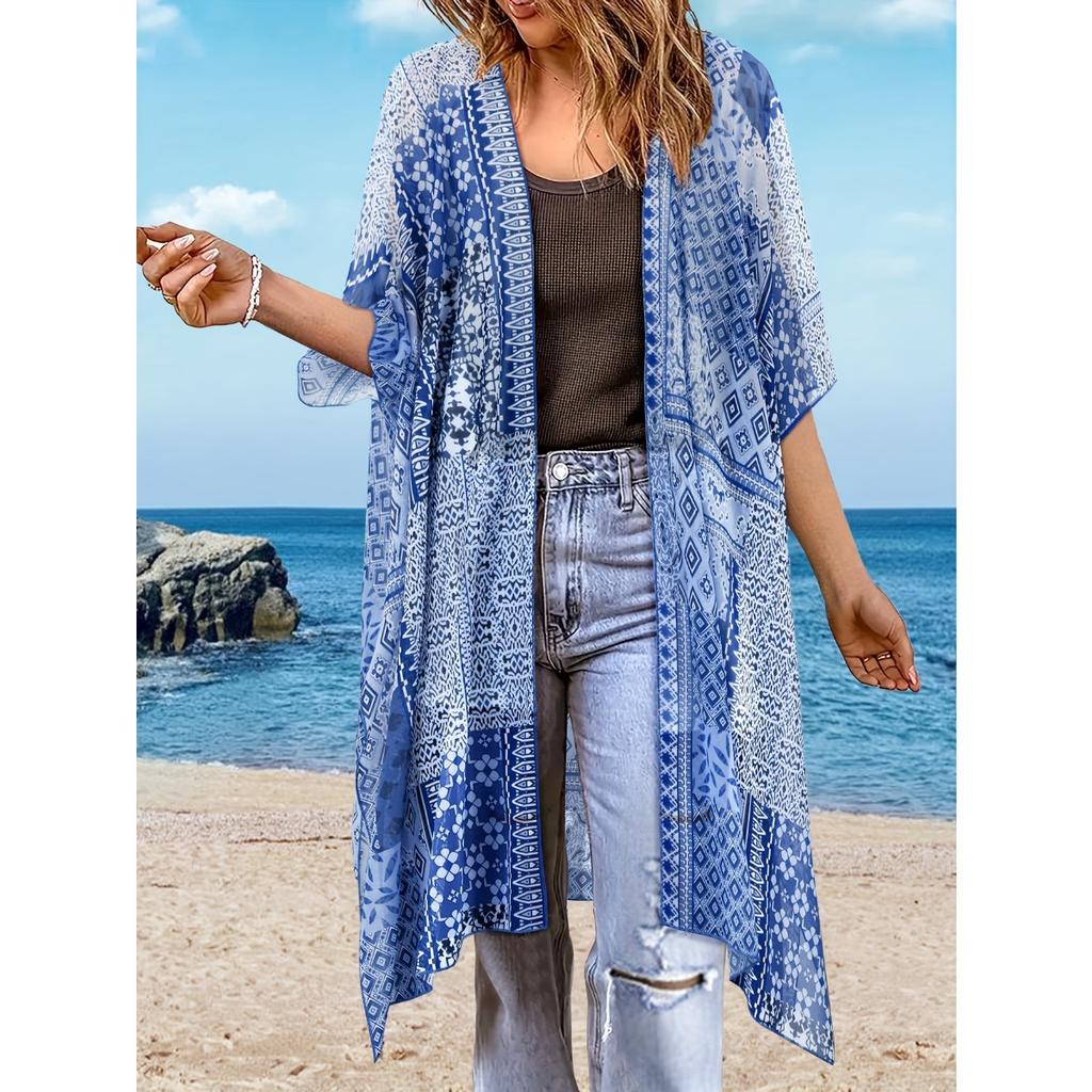 Dam Boho Chiffon Kimono Kofta, Öppen Framtill, Strandöverdrag, Casual Semesterstil, Ytterkläder för Solskydd