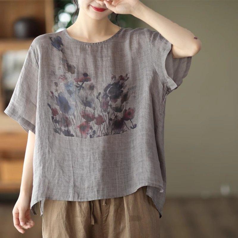 Printed design short-sleeved cotton and linen top summer new versatile literary and retro T-shirt women