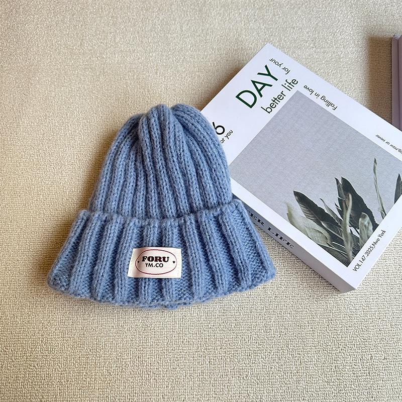 Knitted Woolen Hat Solid Color English Cloth Label Pullover Hat Autumn and Winter Warm Curled Casual Knitted Hat
