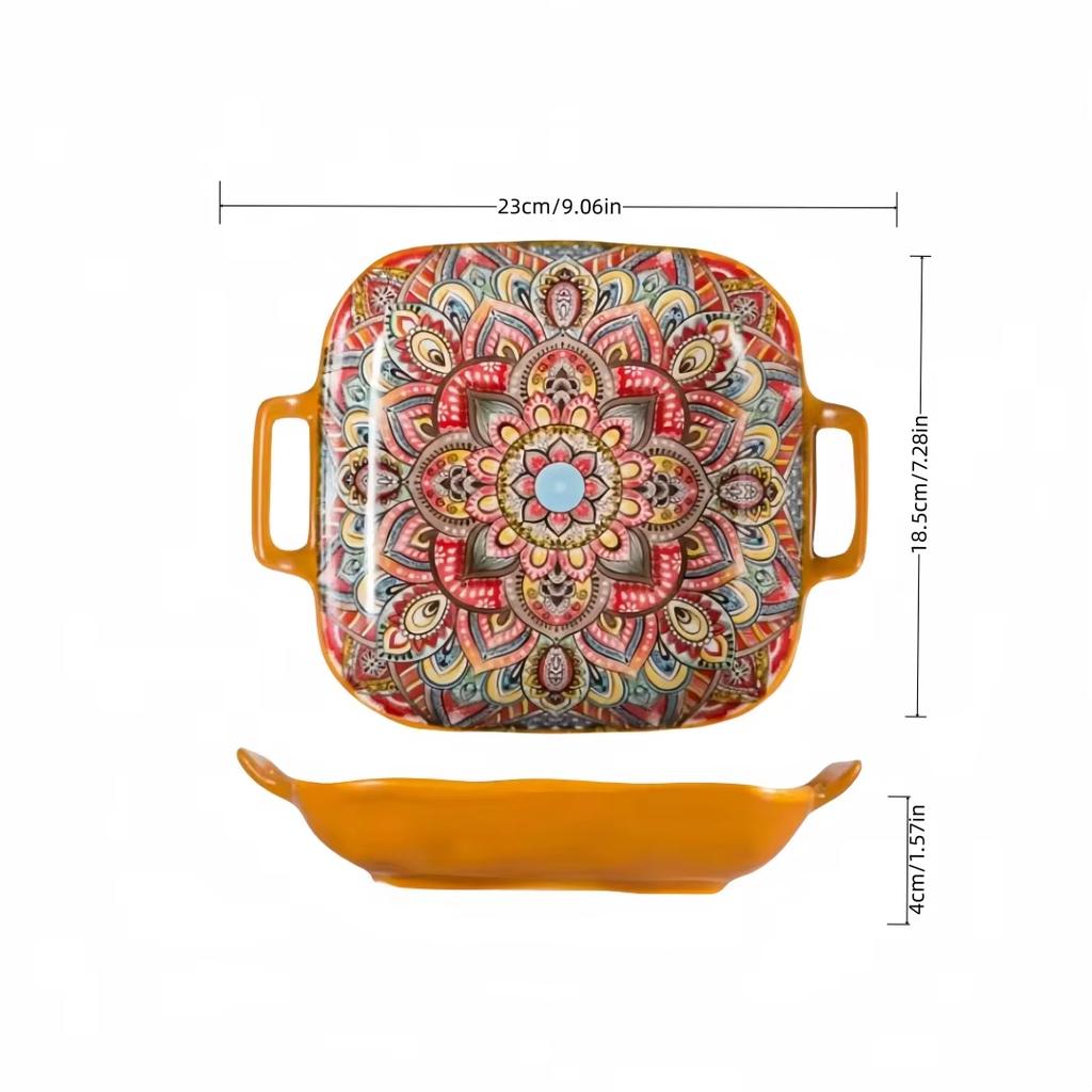 Bohemian Double Ear Square Ceramic Plate Creative Household Dish Plate Net Red Fruit Spaghetti Plate Oven Microwave Oven-9inch