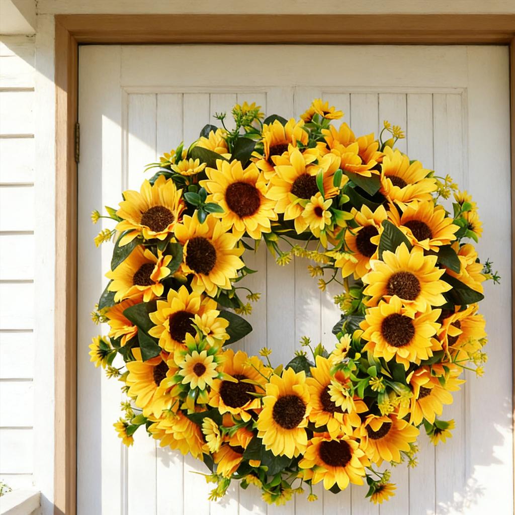 Künstlicher Sonnenblumenkranz mit grünen Blättern Hängender Falscher Frühlingskranz für Haustür Eingangsbereich Wand Heimdekoration