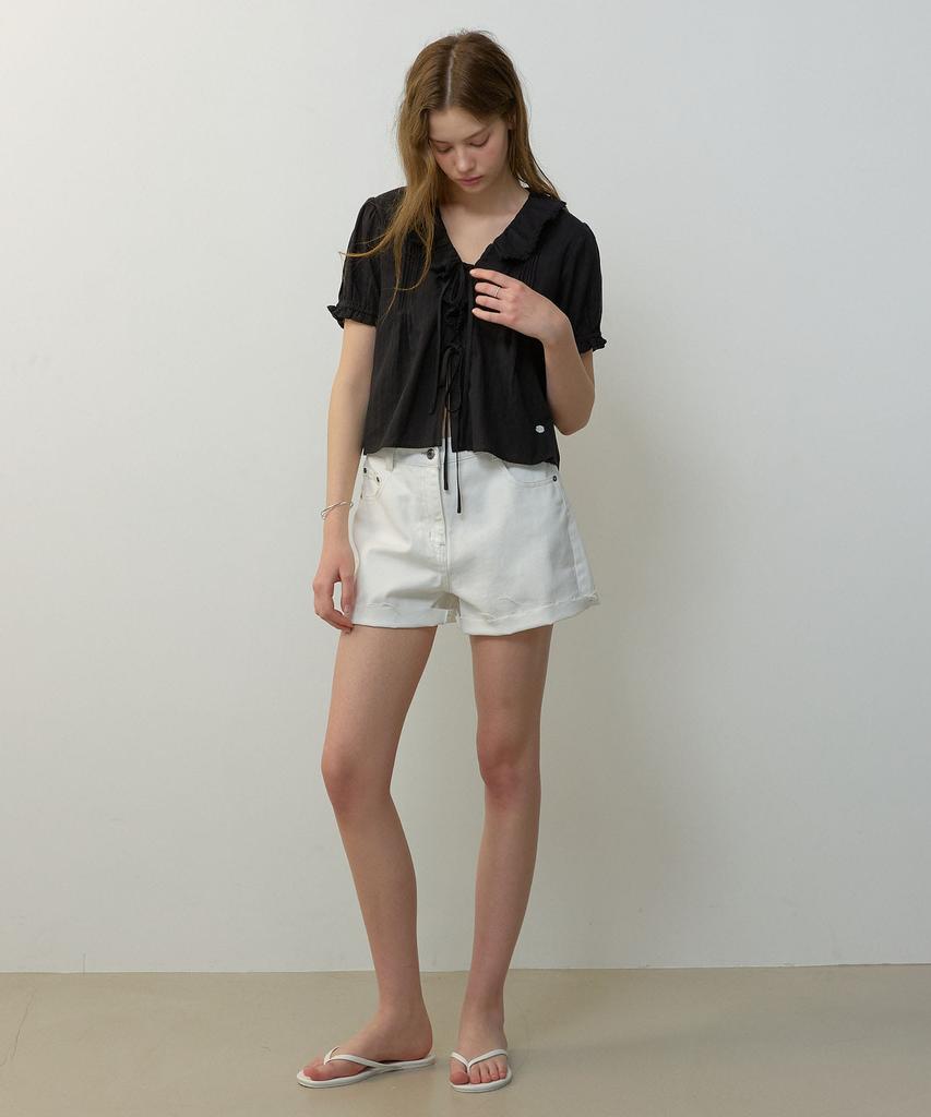 CITYBREEZE Frill V-Neck Short Sleeve Blouse_Black