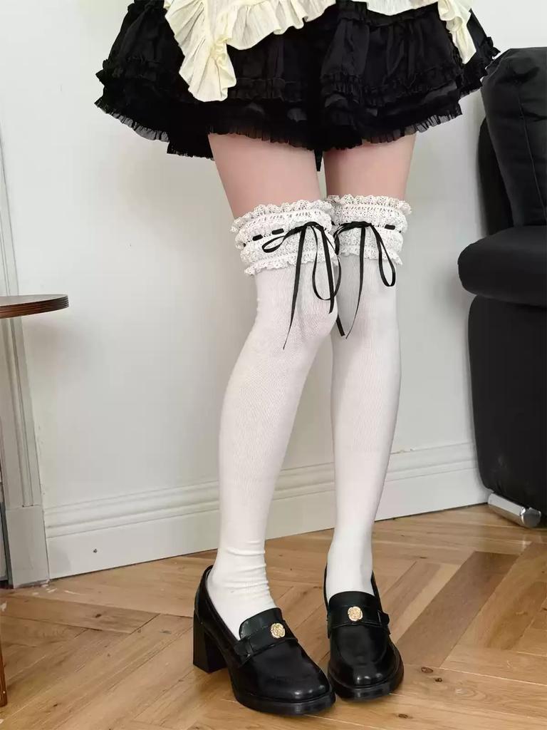Stockings Women Japanese Style Solid Color Long Socks Thigh High Stockings Sweet Girls Lolita Lace Ruffle Socks Thigh High Socks