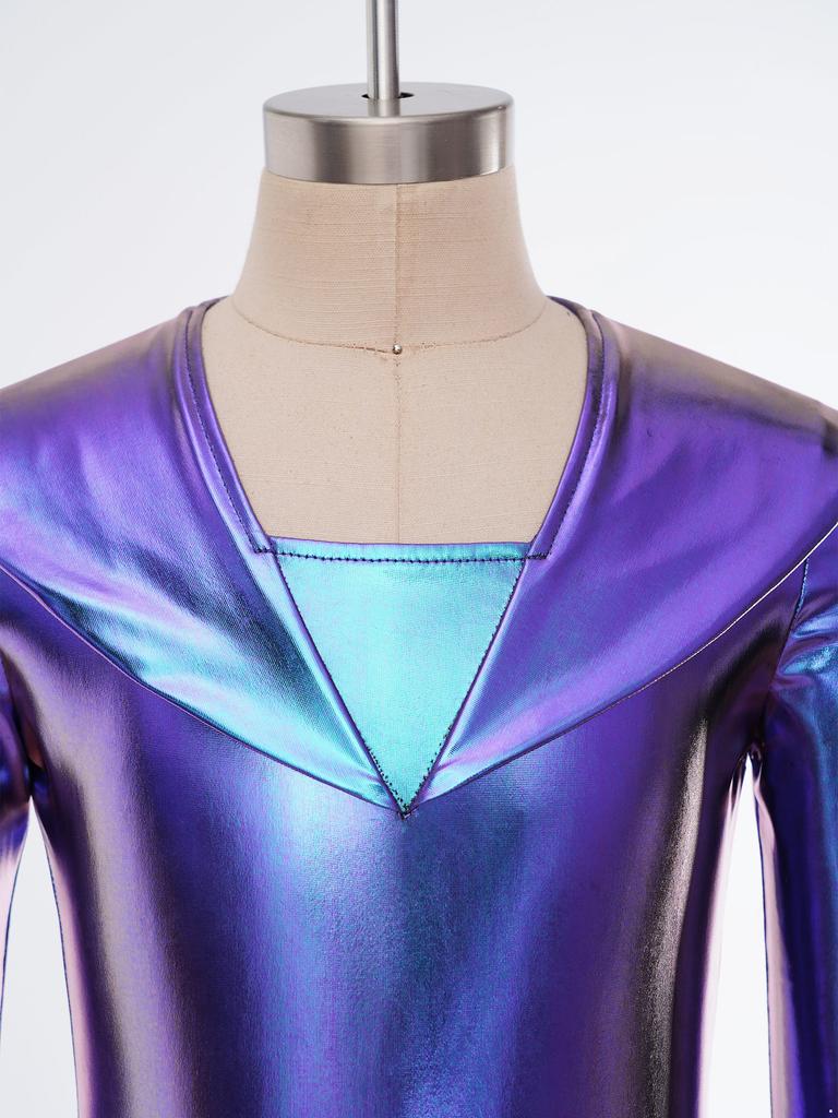 Kids Halloween Alien Leotard Metallic Long Sleeve Cutout Back Bodysuit for Dance Gymnastics Theme Party Performance