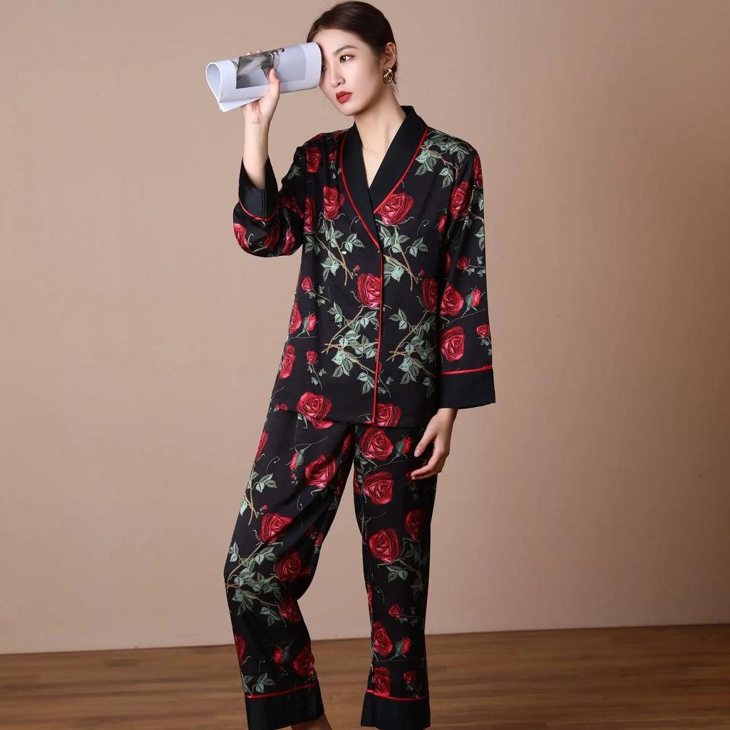 Set Pijama 2 Piese pentru Femei, Imprimeu Trandafiri, Mânecă Lungă, Pantaloni, Haine de Dormit, Pijamale din Satin pentru Femei, Ținute, Costum, Pijama Mujer, Pjs
