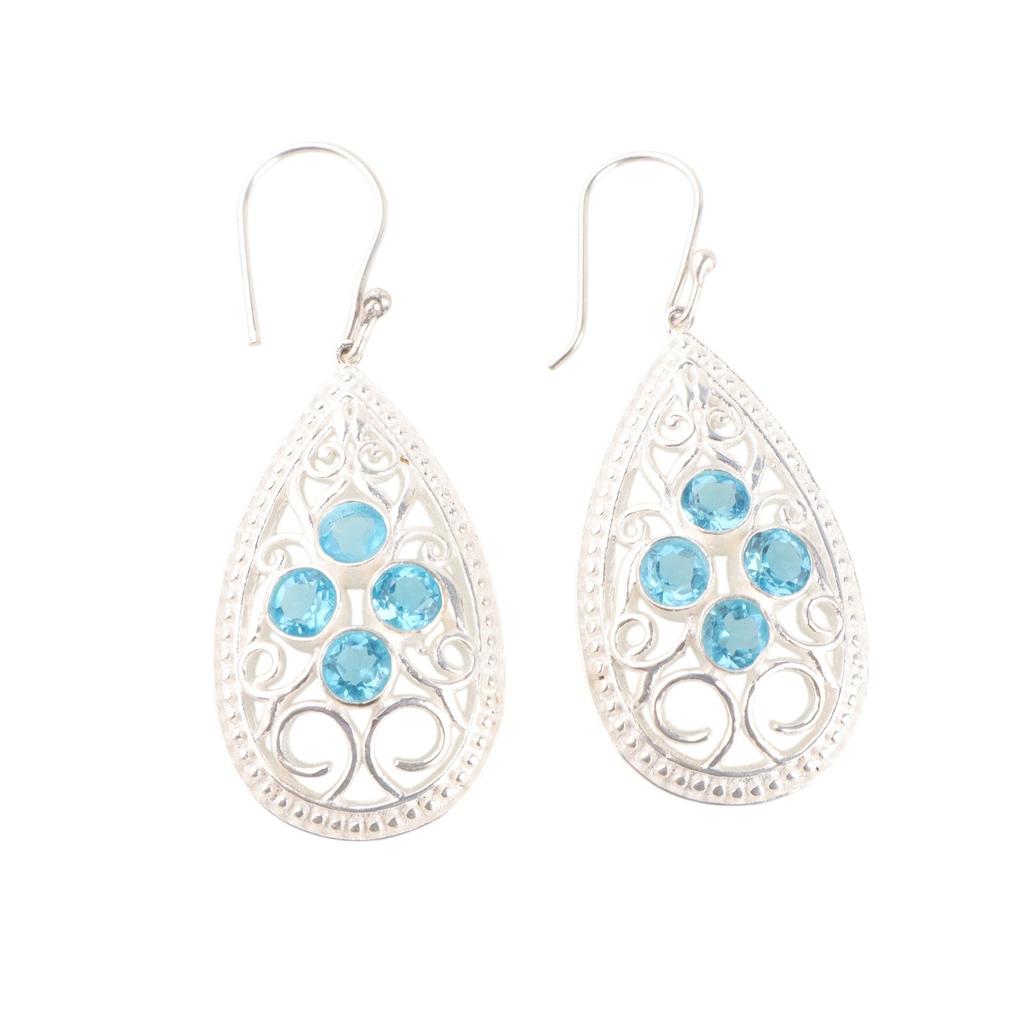 Swiss Blue Topaz Gemstone 925 Solid Silver Handmade Jewelry Hook Earrings 2.25" CE-17-6