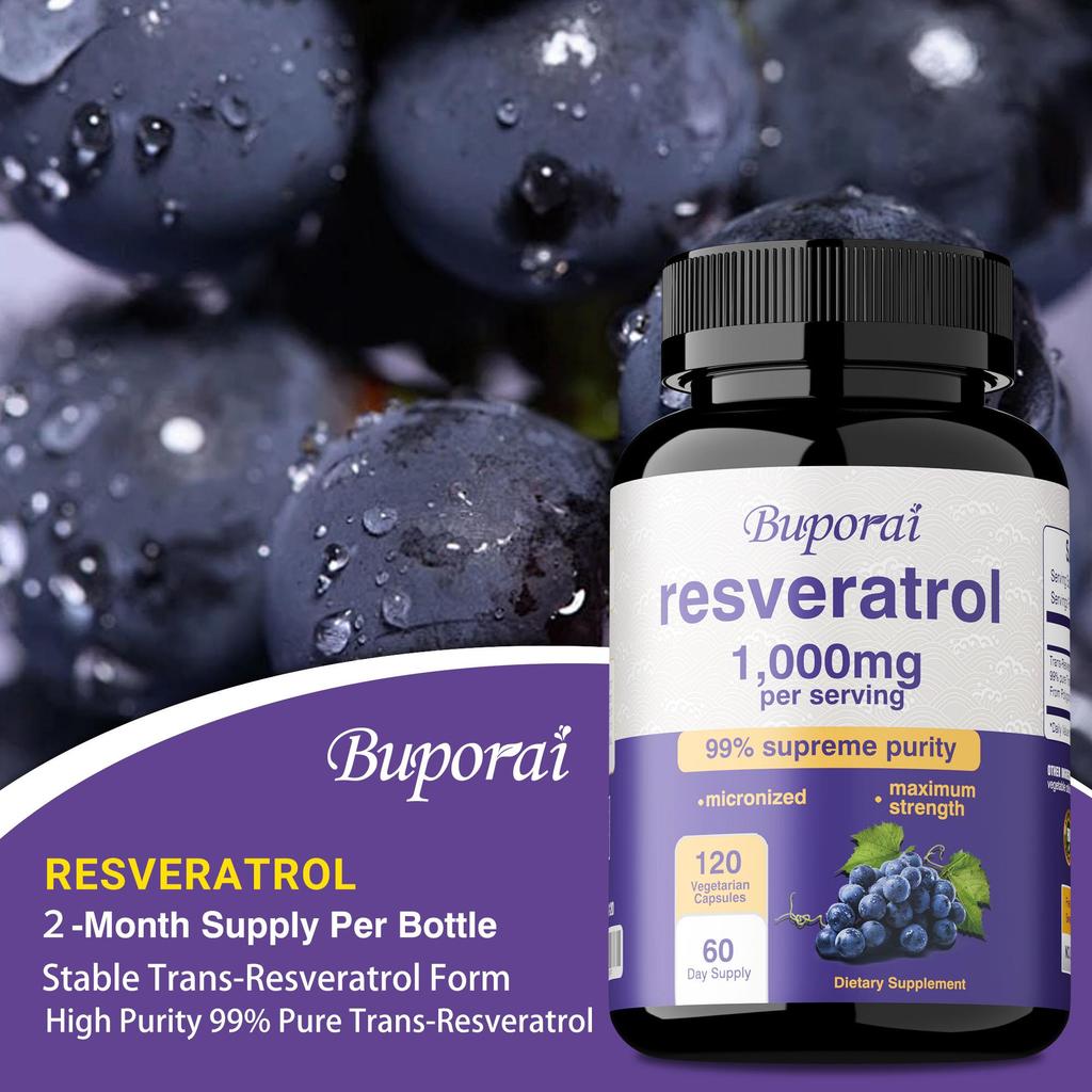 Capsule di Resveratrolo da 1000 mg 120 Capsule, un antiossidante che promuove un invecchiamento sano e supporta la salute del cervello e del cuore.
