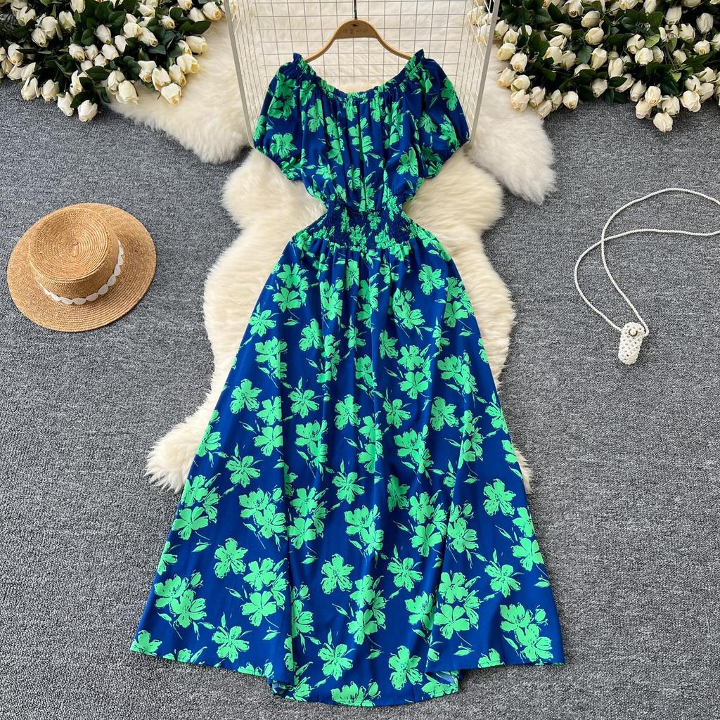 Retro Off Shoulder Dress Puff Sleeve Print Beach Vacation Women Korean Fashion Summer Vestidos Dresses