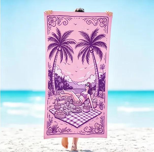 Vintage Summer Vacation Girl on Swim Ring Beach Towel, Large Microfiber Sand Free Quick Dry Towel for Summer Vacation Bt21 Towel