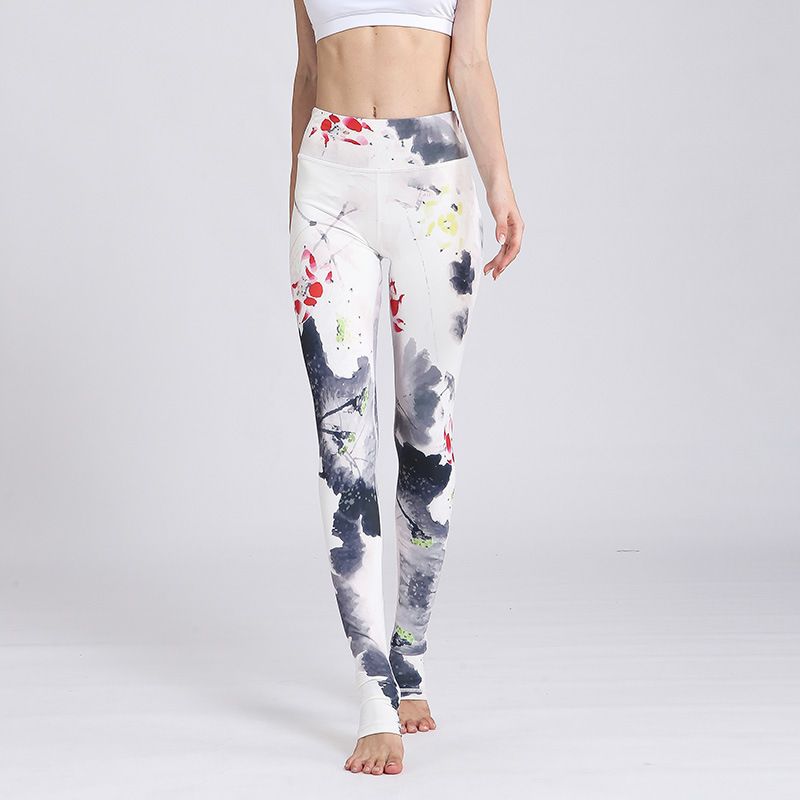 

Print Step-on Dance Pants Female Tight High Waist Hip Lift Quick-Drying Pants Fashion Sports Workout Elastic Yoga Pants HK146 ink White L