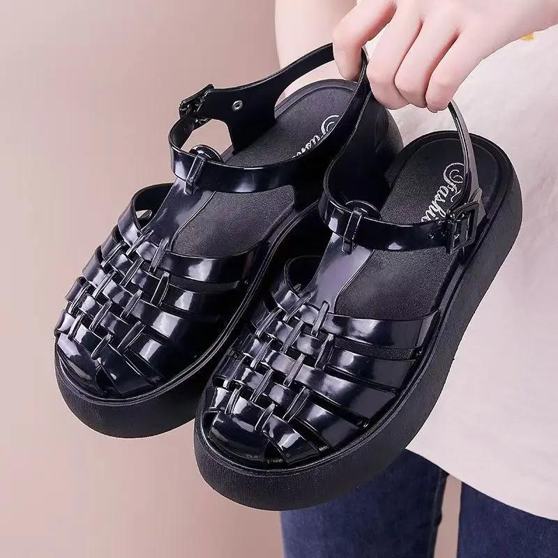 Fashion Women's New Thick Soled Jelly Sandals 2025 Summer Fashion Multifunctional Woven Hollow Flat Roman Shoes Women's Platform Sandals