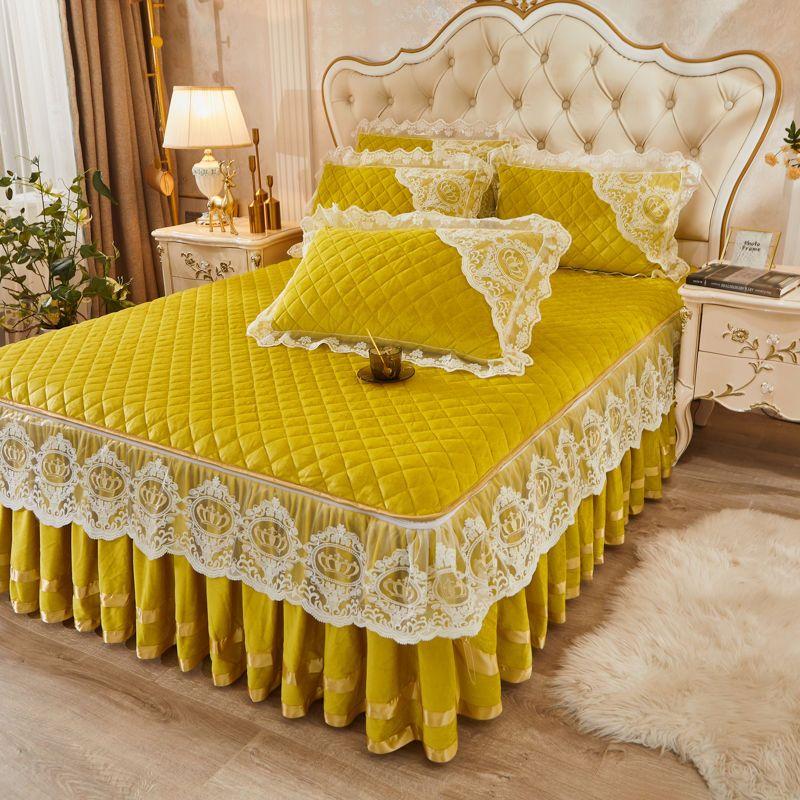 European Style Velvet Bed Skirt Quilt Cover Pillowcase 3pc Suit Thicken Autumn Winter Keep Warm Double Sided Short Plush Bedspread Quilt Cover