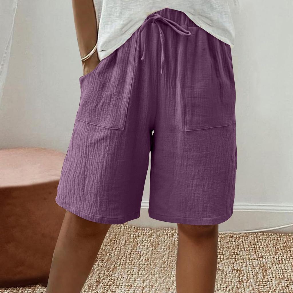 Women's Fashion Cotton-Linen Blend Pocket Elastic Waist Loose-Fit Casual Cropped Pants