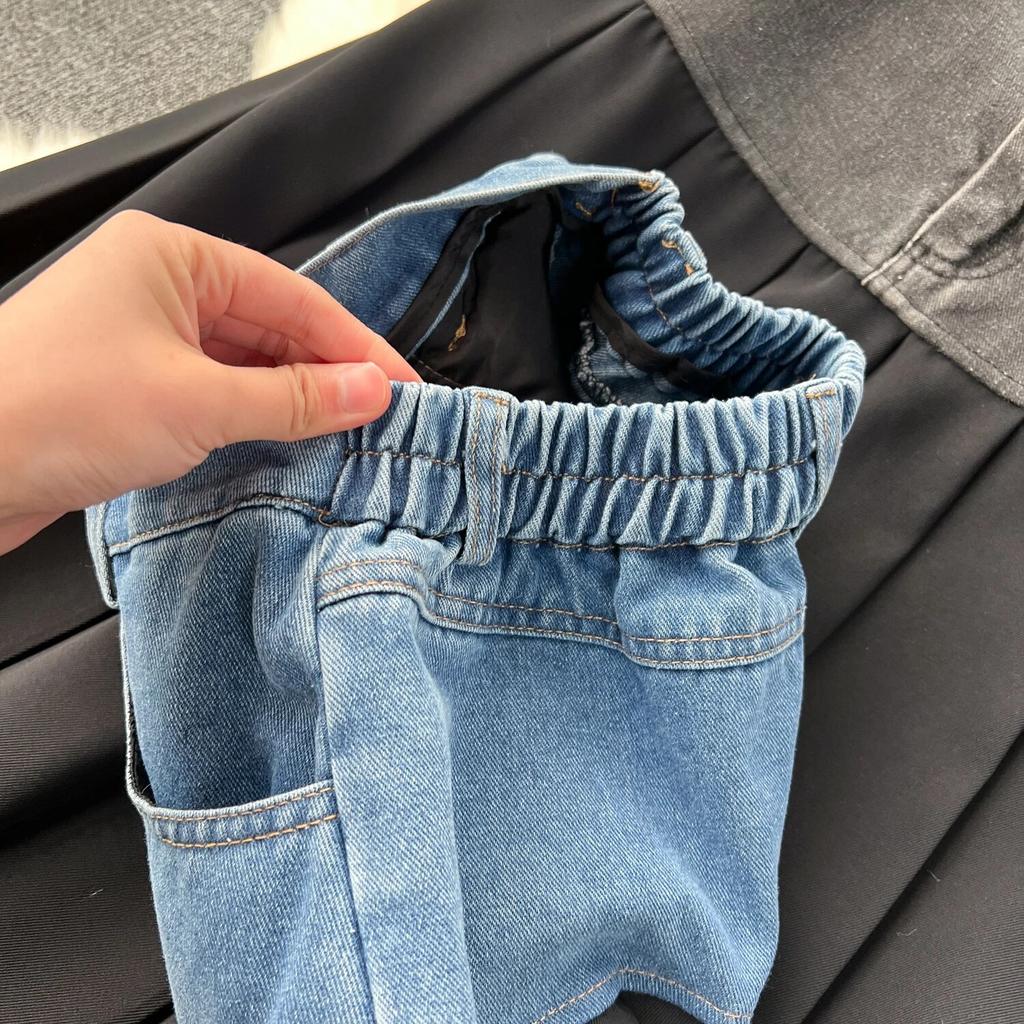 Denim Skirt Women's Design Contrast Color Patchwork Heavy Industry Pleat Long Pleated Skirt High Waist Slimming A- line Skirt