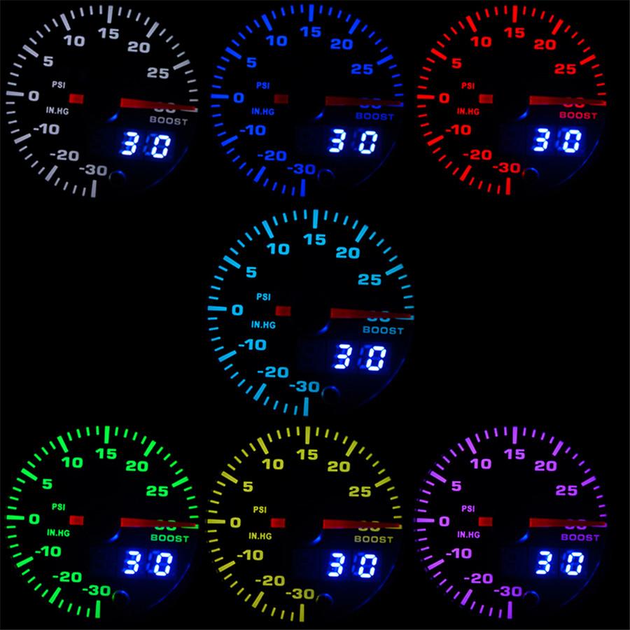 2" 52mm 7 Colors LED Car Auto Turbo Boost Gauge PSI Meter Analog/Digital Dual Di