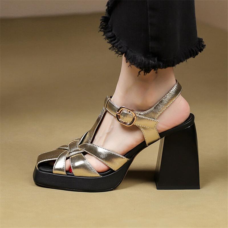 Fashion Summer Sandals Split Leather Women Shoes Square Toe High Heels Sandals for Women Handmade Fashion Roman Shoes Platform Sandals