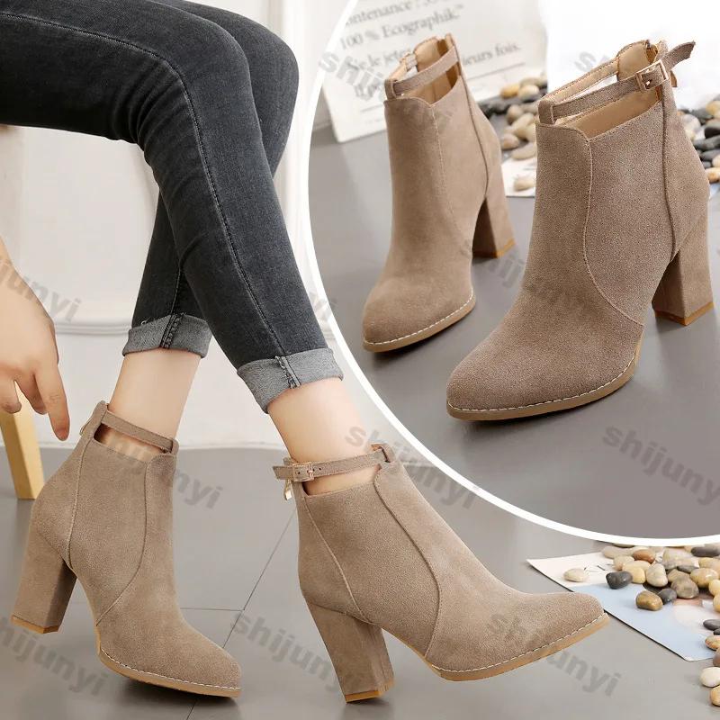 Fashion Woman Suede High Heel Ankle Boots British Style Fashion Thick Heel Pointed Back Zipper Boots Women Square Heeled Short Booties