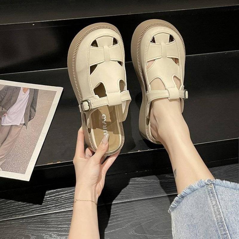 

Summer new hollow big head thick bottom bag head sandals bag head half slippers women s muffin and cool slippers 35