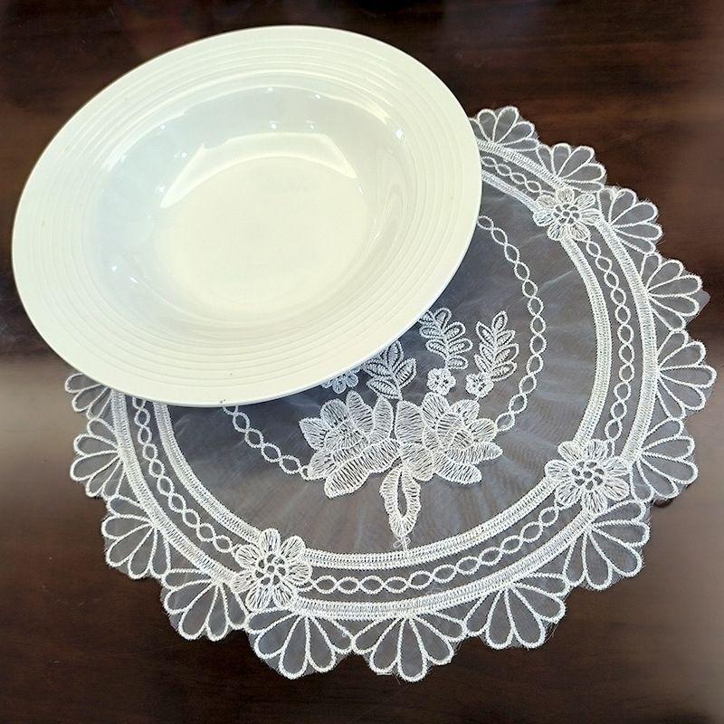 White Round Organza Rose Embroidery Universal Cover Cloth Tablecloth Embroidered Cover Cloth Placemat 33cm