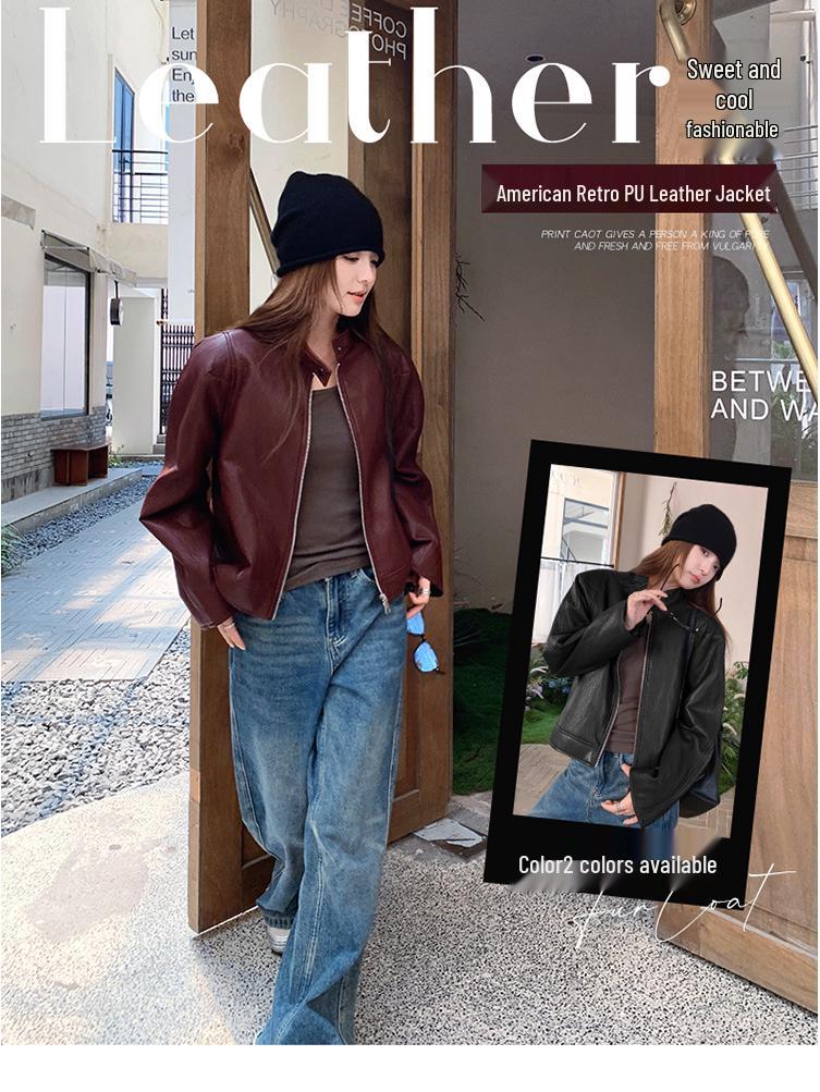 American Ankola Women's Red Retro PU Leather Jacket - Autumn 2024 Fashion