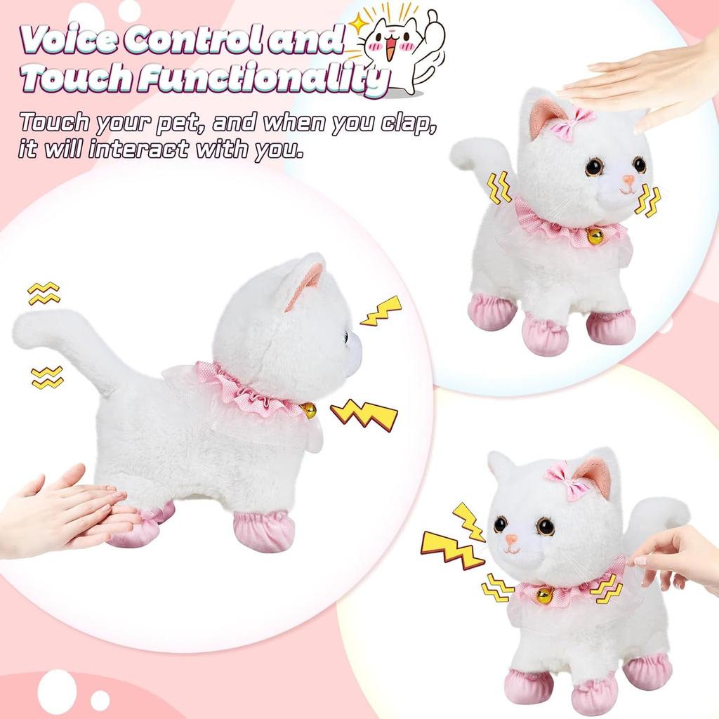 Interactive Lifelike Walking Toy Cat for Kids, Touch&Voice Controlled Remote with Leash, Wags Tail, birthday Christmas Gift