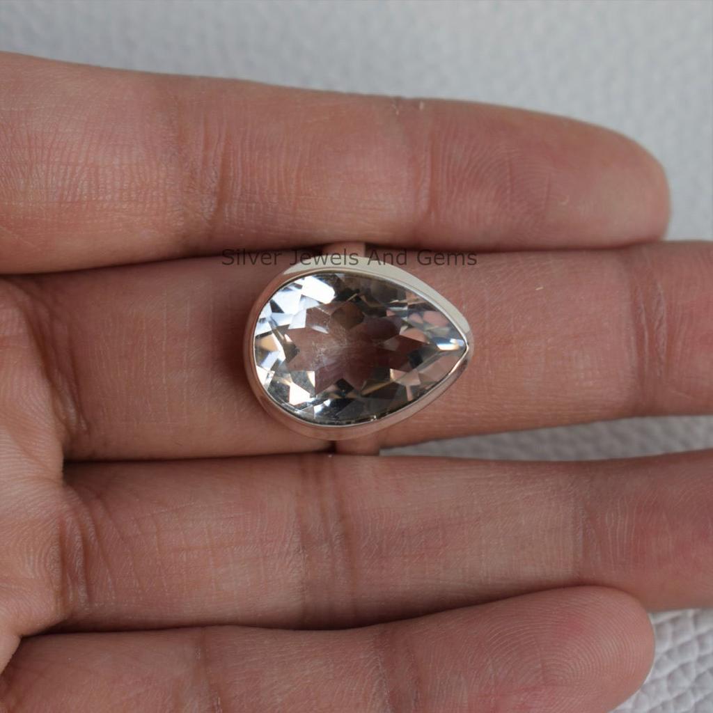 Natural White Topaz Ring, 925 Sterling Silver Ring, Bridesmaid Gift, Teardrop Crystal Ring, Promise Ring, Handmade Ring