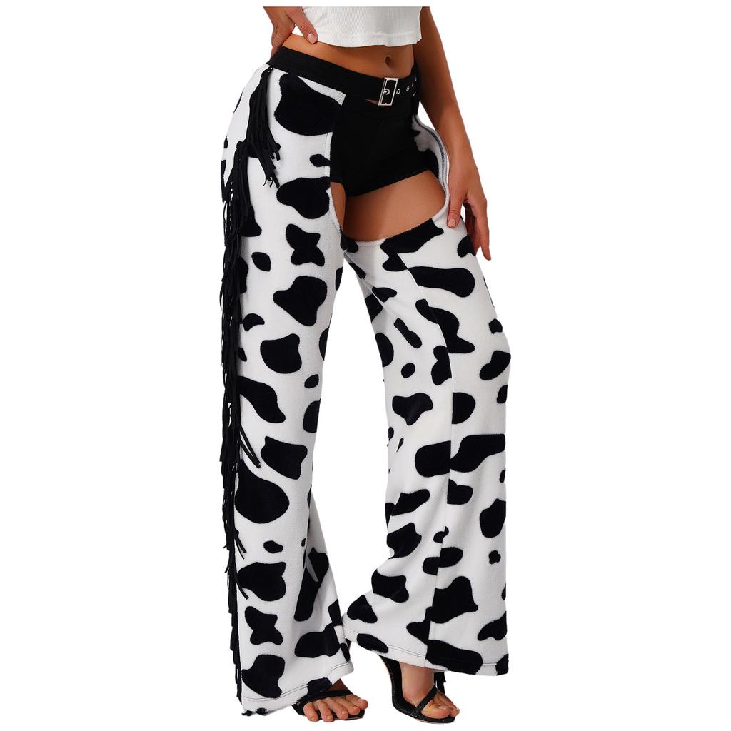 Dámské flanelové dlouhé kalhoty se vzorem kravích skvrn - se střapcem na boku, nastavitelným pasem, otevřeným rozkrokem pro jízdu na kole, jezdecké kovbojské chapsy, Halloween Cosplay