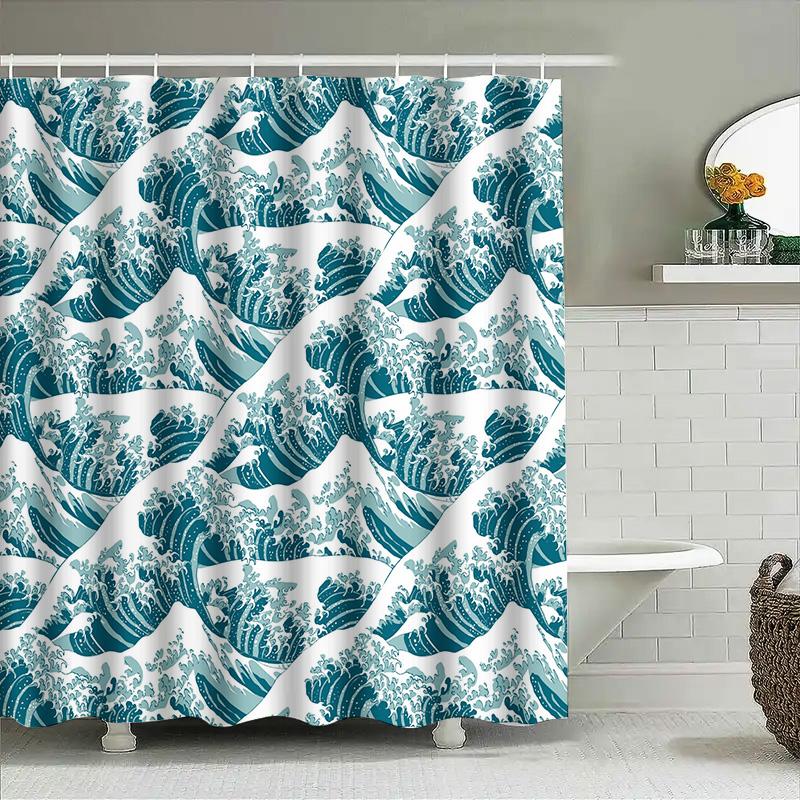 Unique Blue White Ocean Wave Shower Curtain For Bathroom Decor Printed Waterproof Fabric Bath Mat Cover With Rings Set (180X245C
