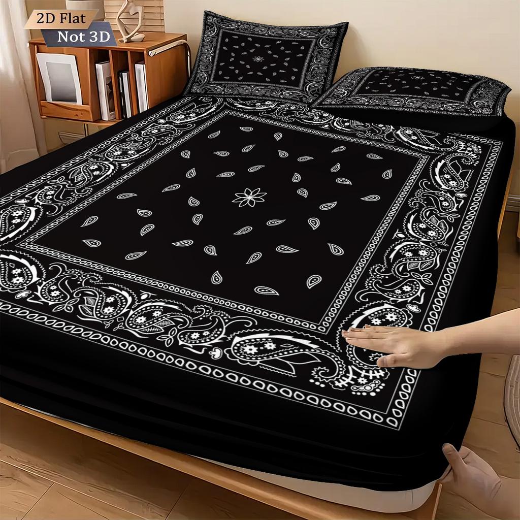 3pcs Retro Black Wave Pattern Print Coreless Bed Sheet Set Multiple Sizes Soft Bedcover Bedroom Bedding Decoration