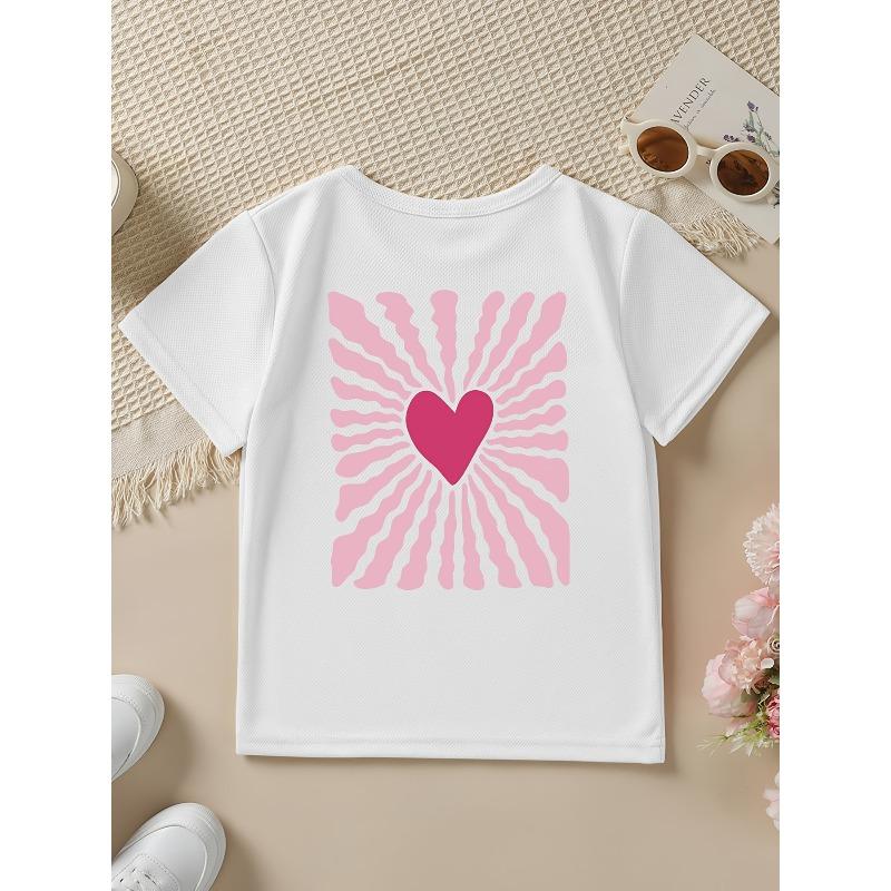 European sizes Summer Fashion Girls' Short-Sleeve T-Shirt with Heart Cartoon Pattern Double-Sided Print, Casual and Versatile Top