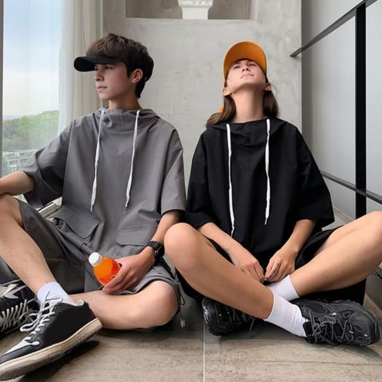 2Pcs/Set Unisex Casual Outfit Hooded Drawstring Short Sleeve T-shirt Elastic Drawstring Waist
