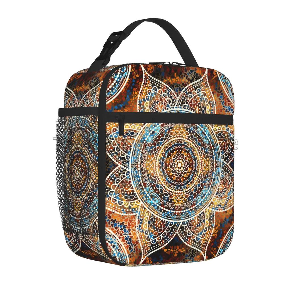 Bohemian Mandala Art Print Insulated Lunch Bag with Side Pocket Portable Reusable Lunch Box Thermal Meal Tote for Women Picnic